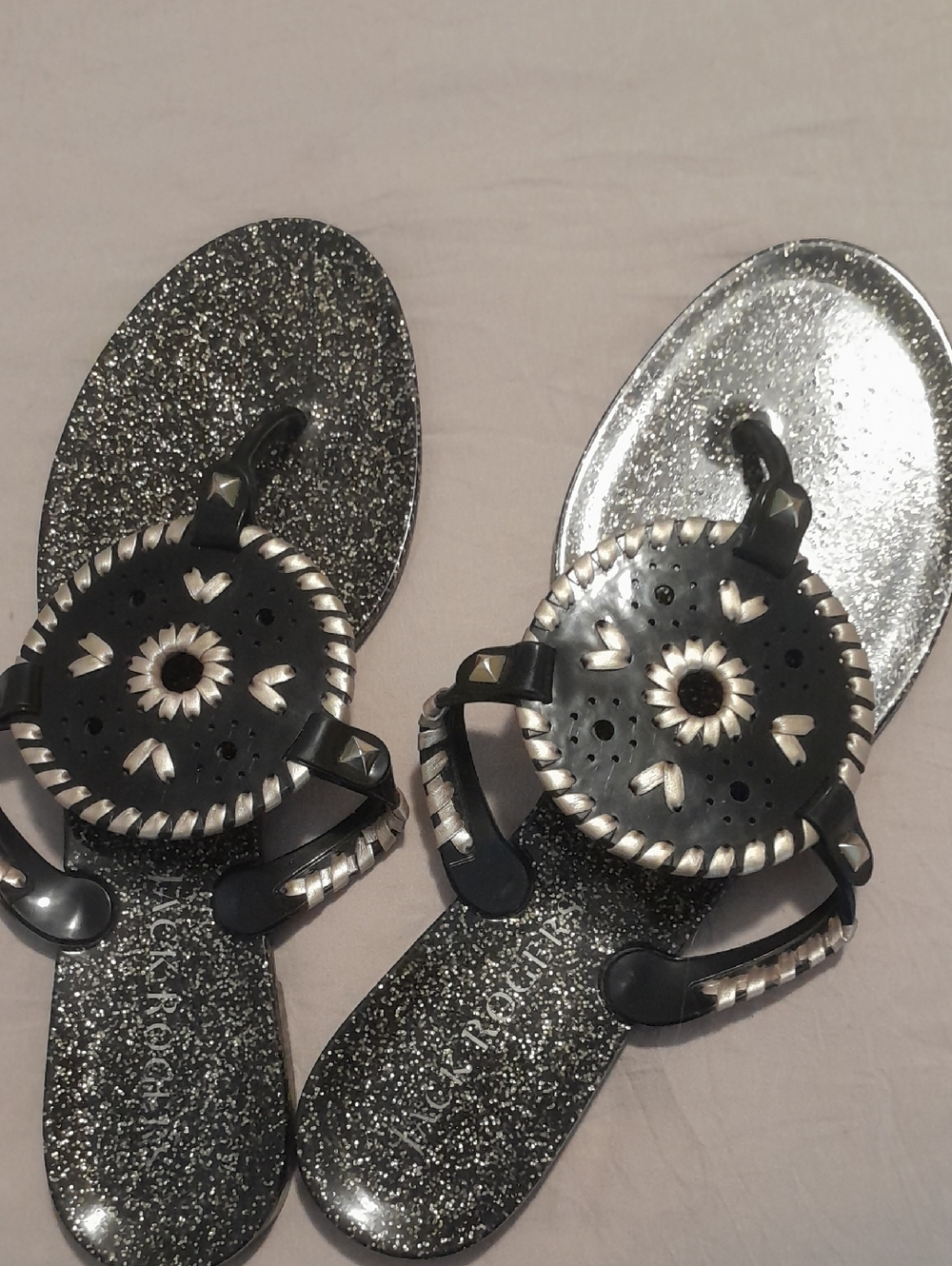 JACK ROGERS Black & GOLD Glitter Round Medallion Jelly Sandals. Size 9